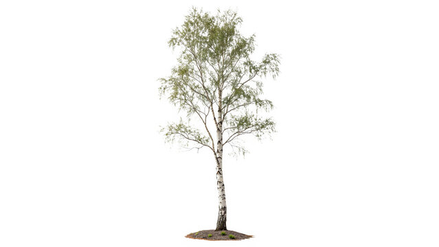 White birch tree stands alone isolated on transparent background cut out