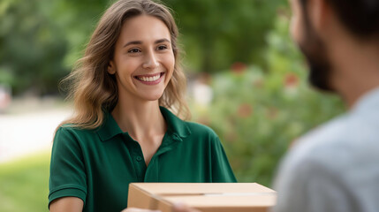 Fototapeta premium Smiling man in green shirt handing delivery box to woman in outdoor park, package delivery service, courier operations, parcel handoff moment, customer service interaction, defocus
