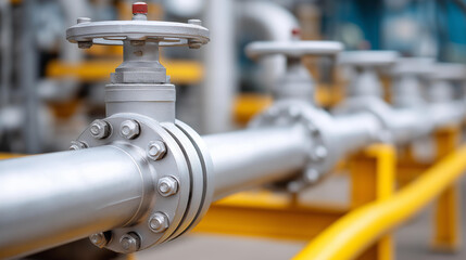 Close-up of industrial pipes and valves at oil refinery, intricate distribution system detail, petroleum processing infrastructure, energy facility operations, complex industrial e