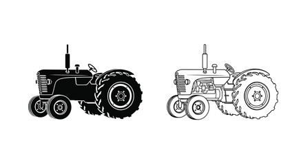 Obraz premium Two depictions of a vintage tractor one solid black one outlined