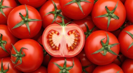 A vibrant display of fresh tomatoes with one cut open to reveal its juicy interior © Rabia