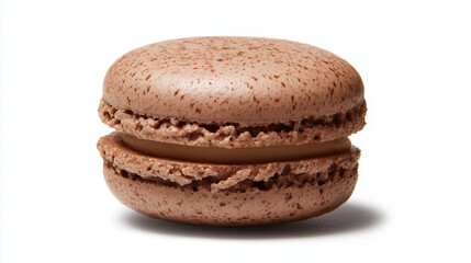 落ち着いたブラウンカラーが上品なチョコレートフレーバーの丸いマカロンを白背景で撮影