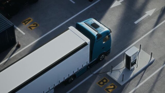 Generic modern electric semi Truck Charging at Modern Logistics Warehouse