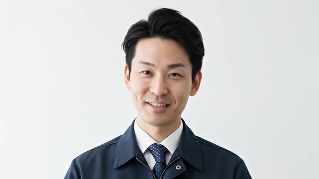 Man in blue jacket, white shirt and patterned tie, smiling against a white backdrop
