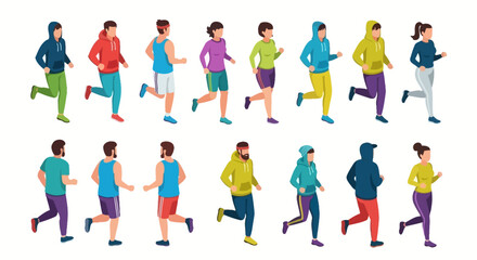 Fototapeta premium Diverse group of runners in various attire running from different viewpoints in a digital illustration