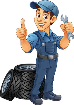 A tyre or tire cartoon car maintenance service mechanic mascot cartoon character man