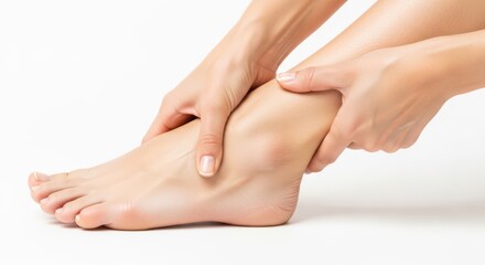 Fototapeta premium A person is massaging their ankle on a white background