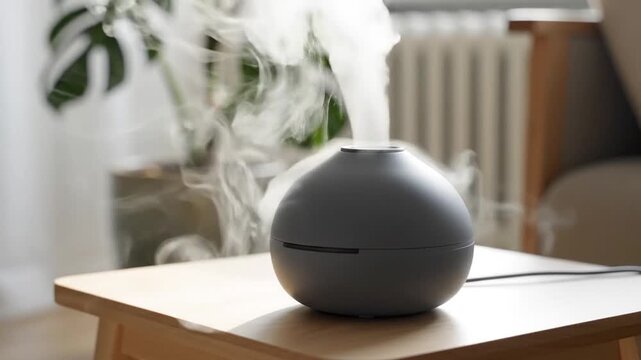 A modern essential oil diffuser releases soothing mist into a cozy home