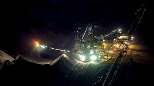 Giant bucket-wheel excavator illuminated at night in huge open pit lignite mine, massive machinery digging coal and transporting it long distances