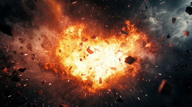 A vibrant explosion forming a heart shape amidst dark cosmic debris and fiery colors