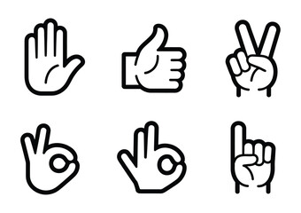 Fototapeta premium Outline hand icons set, human gestures including stop, approval, peace, okay, minimal line art, vector illustration pack