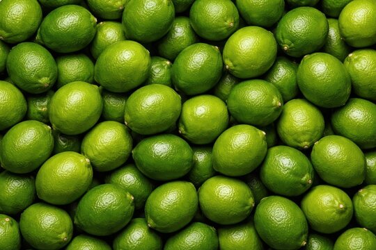 Fresh Green Limes. Full-frame overhead shot of a large heap of fresh green limes with smooth bright skin, densely packed together in a vivid and refreshing citrus market display.