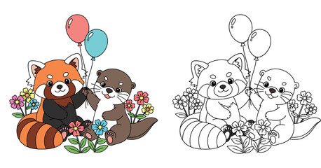 Cute cartoon red panda and brown otter sitting together holding colorful balloons, happy vector © MstSangita