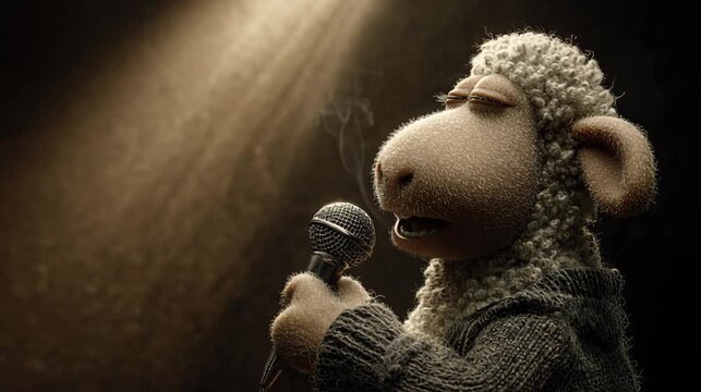 Cute sheep character holding a microphone under warm spotlight, whimsical stage performance with soft light, cozy texture and charming fantasy singer concept.