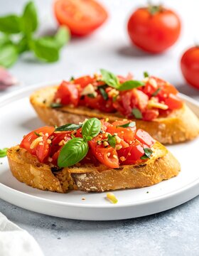 Bruschetta with fresh tomatoes and basil served on white plate