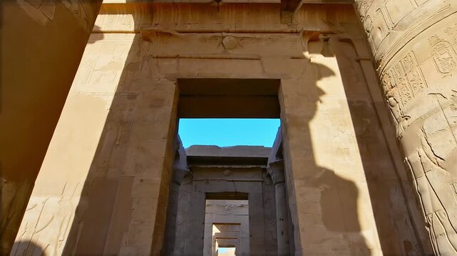 Kom Ombo temple columns with composite capitals and hieroglyphic carvings viewed from below against blue sky in Egypt, upward perspective of ancient sandstone architecture.