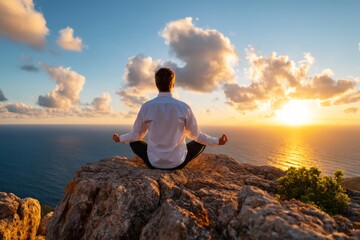 Naklejka premium Senior Person Meditating on Cliff Edge During Serene Sunrise Over Ocean Horizon