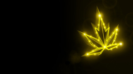 Glowing golden geometric leaf neon light futuristic botanical illustration on dark background © Zhuk