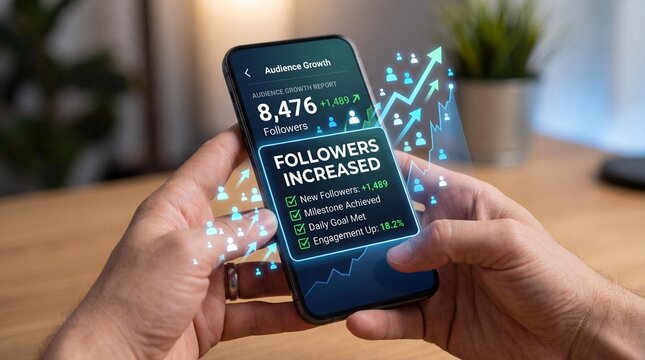 Hands holding smartphone with increased followers on social media app screen