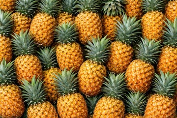 Fototapeta premium Fresh Pineapples. Overhead view of a large pile of whole ripe pineapples with golden textured skin and lush green spiky crowns, stacked densely in a bold vivid tropical market display.