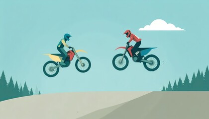 Naklejka premium Two motocross riders in mid-air, colorful outfits, minimalist style, landscape background