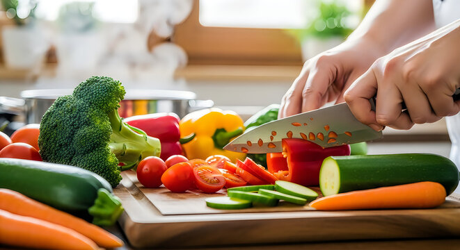 Person preparing fresh vegetables on a kitchen counter with a knife, surrounded by various colorful vegetables and a window in the background