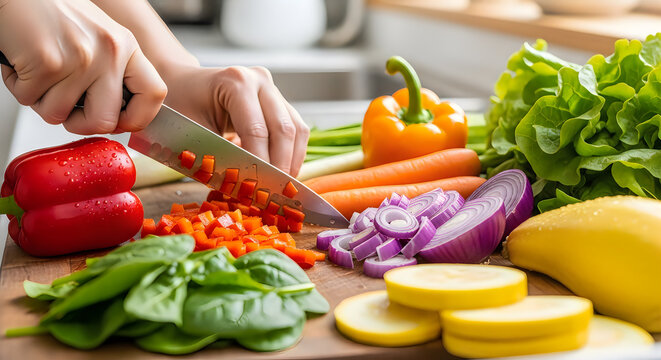 Preparing Fresh Vegetables on a Wooden Chopping Board with a Knife