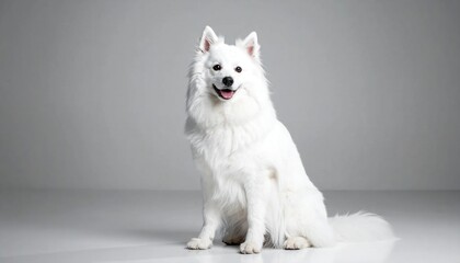 A fluffy, white dog sits proudly, its gaze direct, with a gray backdrop