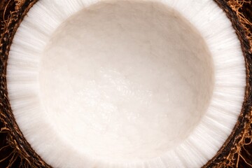 Naklejka premium Macro Texture of Fresh Coconut Meat. A crisp close-up shot of a halved coconut, highlighting the thick, snowy white edible meat and the fibrous brown.