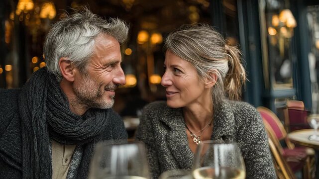 Couple enjoying a joyful moment together in a cozy Parisian cafe during a warm evening filled with laughter and love