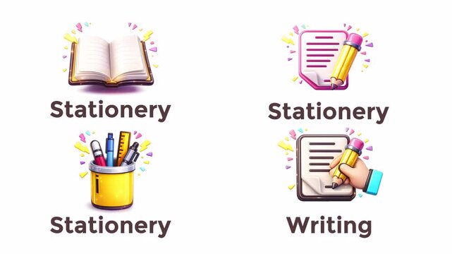 Animated Stationery and Writing Icons Set &ndash; Notebook, Office Supplies, Writing Tools with Transparent Background