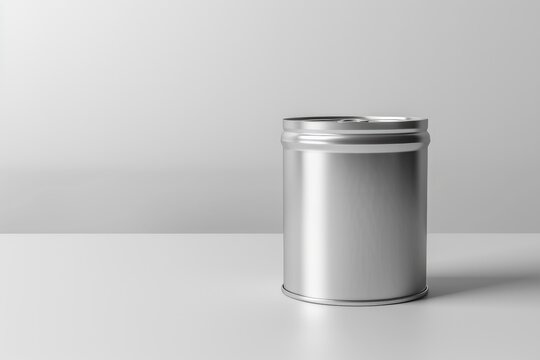 Unopened short metal tin can with lid resting on white surface