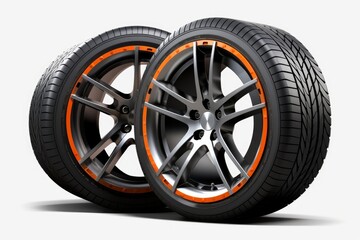 Obraz premium Car tires showcasing dynamic tread patterns and custom orange alloy wheels on a white background