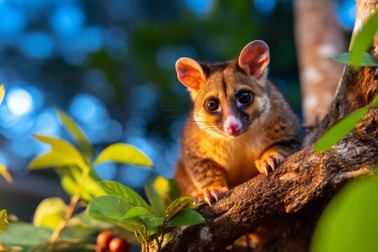Common Brushtail Possum Resting on Tree Branch in Rainforest Canopy at Dusk