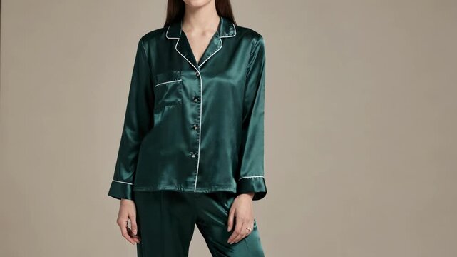 Medium shot of a twopiece contrast trim satin pajama set showcasing the elegant interplay of colors with finely detailed buttons and borders for a sophisticated sleepwear style.