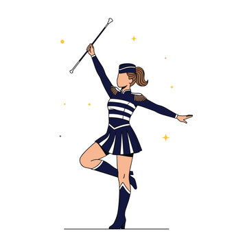 Confident young majorette in a blue and white striped uniform performs with a baton against a decorative background filled with small yellow stars.
