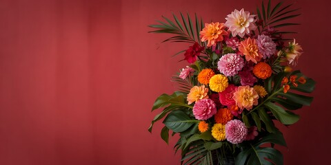 Obraz premium Vibrant bouquet of flowers against a rich red background with lush green leaves