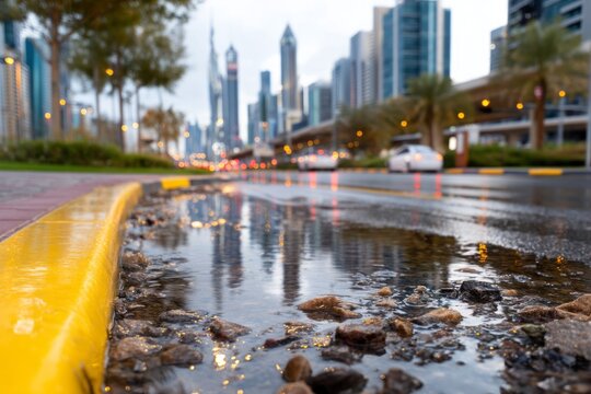 Deserted city roundabout with water puddle after heavy rain in urban area