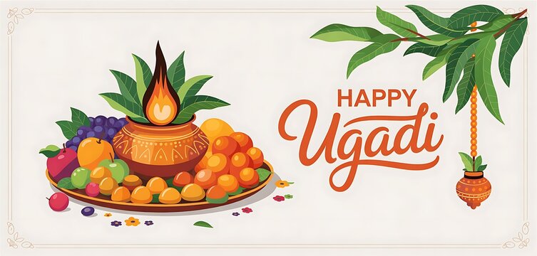Happy ugadi festival celebration with traditional indian food and decorations