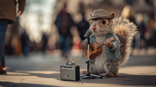 Cute squirrel street musician wearing a hat and playing a tiny guitar beside a small amplifier, whimsical urban performance with warm light and playful character charm.