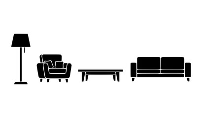 Fototapeta premium Minimal Black Furniture Icon Set with Sofa Armchair Table and Floor Lamp Silhouettes