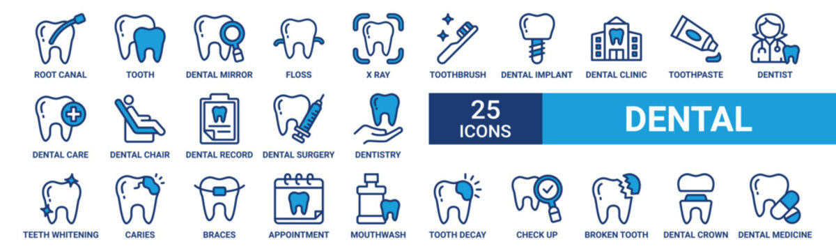 Dental icon set. Containing tooth, dentist, toothpaste, toothbrush, teeth, implant and dentistry icons. Blue icon collection. Vector illustration.