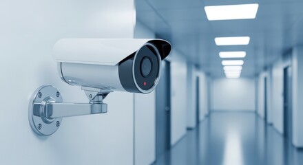 A security camera is mounted on a wall in a long, white hospital corridor with doors and fluorescent lights.
