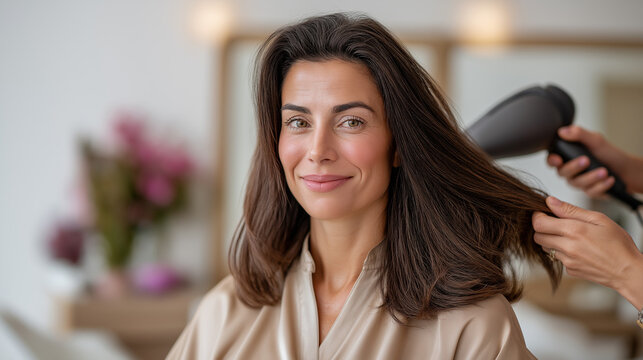 Caucasian woman smiling while her long hair is blow-dried by another person, beauty salon concept of hair care and styling for a modern look.