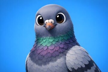 Fototapeta premium Ultra-Cute 3D Pigeon Character with Glossy Big Eyes, Realistic Feather Texture, and Minimal Sky-Blue Background
