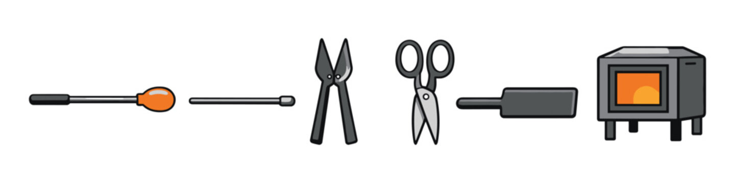 Glassblowing tools and equipment including a furnace, blowpipe, shears, and other implements