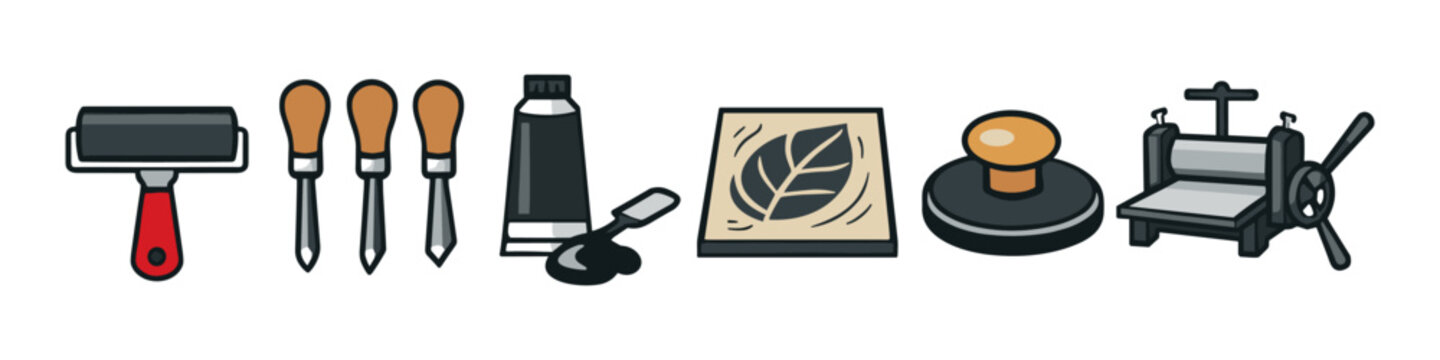 Collection of tools and materials for linocut printing and relief printing techniques