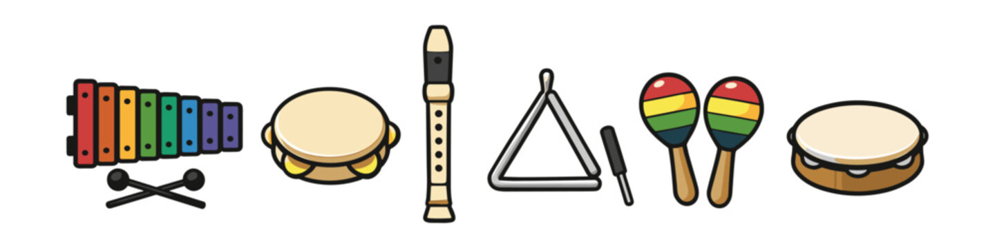 Collection of colorful percussion and wind instruments for children's music education