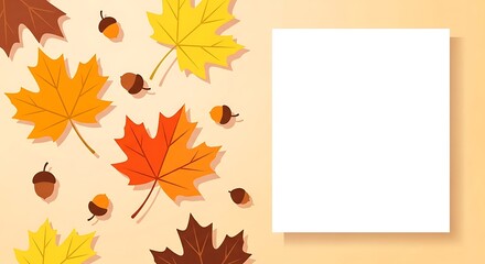 Obraz premium Autumn background with colorful maple leaves and acorns, featuring a large blank white frame for text or design. Perfect for fall themes, invitations, or seasonal promotions.
