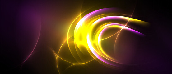 Naklejka premium Abstract energy flows, vibrant yellow curves against purple backdrop. Dynamic light creates swirling patterns, modern design element.